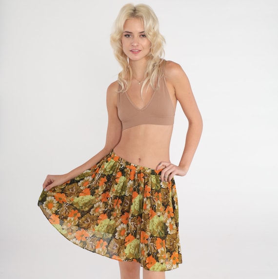 Floral Skirt 80s Pleated Mini Skirt Olive Green Flower Print Summer Miniskirt Festival Hippie Bohemian Orange Vintage 1980s Small Medium