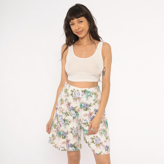 Floral 90s Shorts Culotte High Waist Wide Leg Purple Rose Ivory Front Garden Party Cream White Lavender Green Summer Vintage Womens Medium M