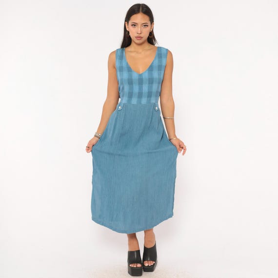 90s Blue Gingham Bodice Sleeveless Midi Dress V Neck Tie Back Crinkle Texture Button Detail Tonal Plaid Check Frock Prairie Vintage Large L