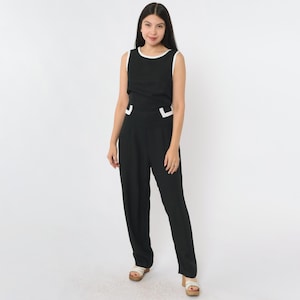 Vintage 90s Black Jumpsuit Straight Leg Pants White Ringer Trim Scoop Neck Sleeveless Basic Chic Minimalist Streetwear 1990s Medium 7/8