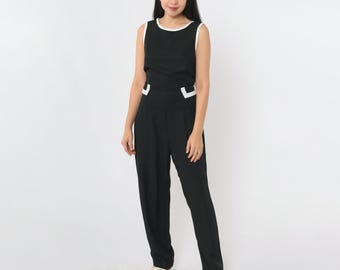 Vintage 90s Black Jumpsuit Straight Leg Pants White Ringer Trim Scoop Neck Sleeveless Basic Chic Minimalist Streetwear 1990s Medium 7/8