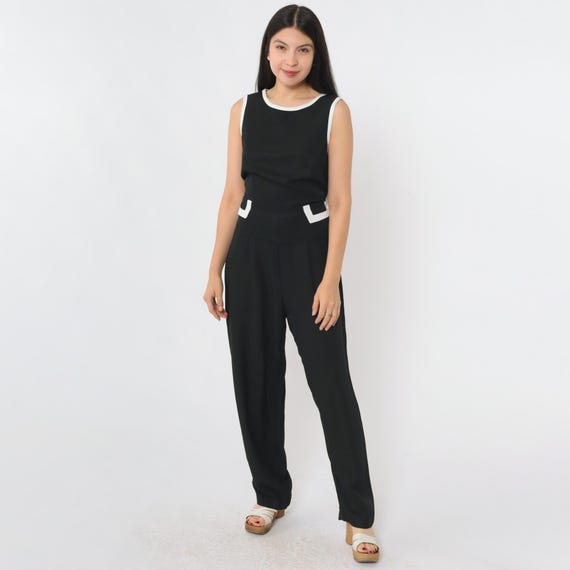 Vintage 90s Black Jumpsuit Straight Leg Pants White Ringer Trim Scoop Neck Sleeveless Basic Chic Minimalist Streetwear 1990s Medium 7/8
