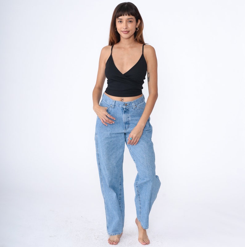 Hammer Loop Jeans Y2K Cargo Workwear High Waisted Rise Jeans Relaxed Straight Tapered Leg Light Wash Blue Denim Pants 00s Vintage Medium 10 image 2