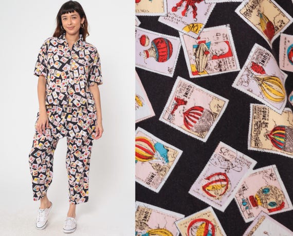 Hot Air Balloon Stamp Print Matching Set Vintage 90s Two Piece Outfit Shirt Pants Button Up Short Sleeve Elastic Waist Tapered Leg Large L