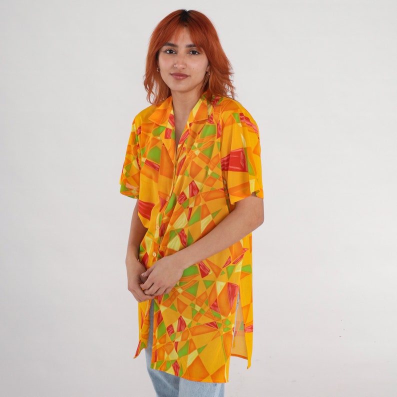 Mosaic Button Up Shirt 90s Yellow Geometric Print Blouse Button Up Shirt Short Sleeve 1990s Tropical Longline Orange Vintage Extra Large xl image 5