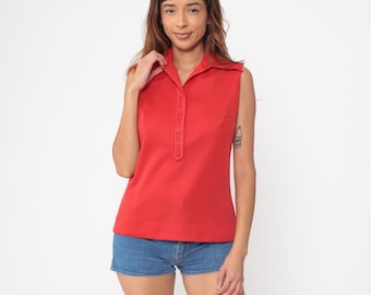 Sleeveless Polo Top 70s Red Pykettes Button Placket Vintage Collared Polyester Summer Preppy Tennis Golf Athletic Academia Collegiate Medium