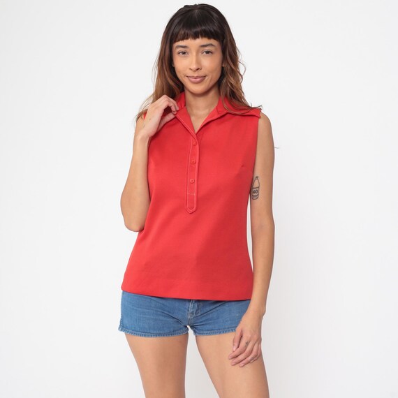 Sleeveless Polo Top 70s Red Pykettes Button Placket Vintage Collared Polyester Summer Preppy Tennis Golf Athletic Academia Collegiate Medium
