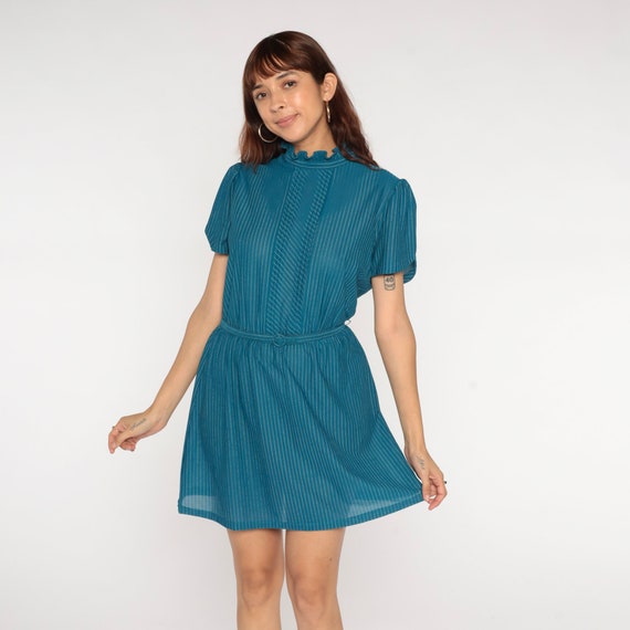 Puff Sleeve Dress Teal Mini 70s Secretary Dress Striped Tuxedo Ruffle Dress 80s Pinstripe Belt Dress High Waisted 1970s Vintage Blue Medium
