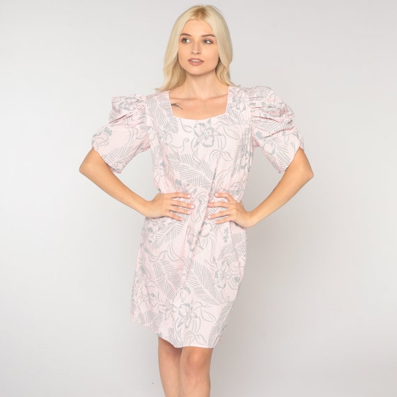 80s Floral Dress Puff Sleeve Dress Pastel Pink Dress Mini Dress Tropical 1980s Short Sleeve Vintage Shift Dress Botanical Pattern Small S