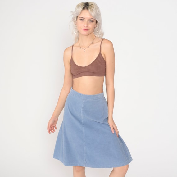 Blue Corduroy Skirt 70s 80s Midi Skirt Retro Boho High Waisted Flared A-line Skirt Plain Secretary Skirt Vintage 1970s 1980s Small S