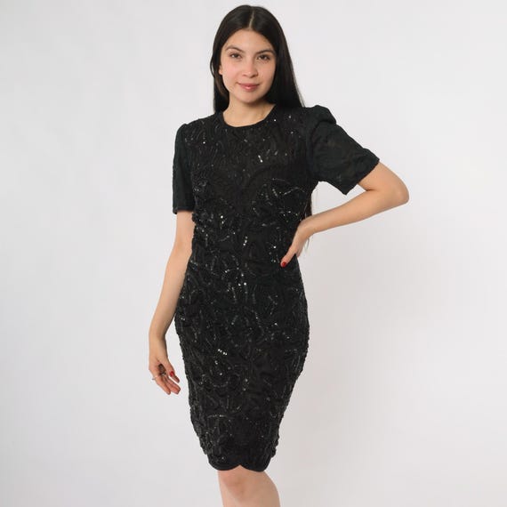 Beaded Cocktail Dress 90s Black Silk Sequin Party Wiggle Dress Vintage Fitted Bodycon Evening Silky Nites New York Glam Formalwear Small S
