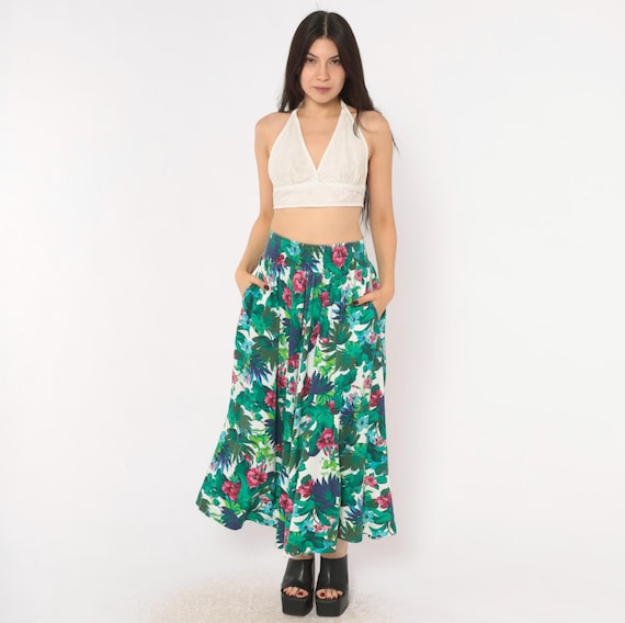 90s Tropical Floral Skirt Green Teal Pink Full Smocked Elastic Waist Cotton Blend Pockets Botanical Print Vintage Extra Small XS S