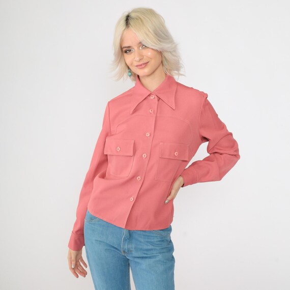 70s Pink Shirt Dagger Collar Blouse Utility Button Up Shirt Long Sleeve Top Disco Shirt 1970s Collared Plain Chest Pocket Medium