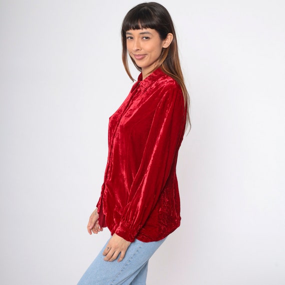 Red Velvet Blouse 90s Button Up Shirt Long Sleeve… - image 4