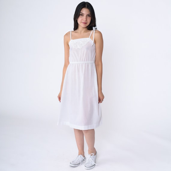 White Sun Dress Boho 70s Sundress Lace Mini Sheer Summer Dress Spaghetti Strap Vintage 1970s Bohemian Hippie High Waist 2xs Extra Small xs