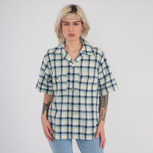 Vintage 70s Plaid Shirt Checkered Button Up Retro Preppy Collared Seventies Summer Short Sleeve White Blue Yellow 1970s Mens Medium M