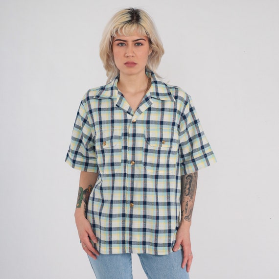 Vintage 70s Plaid Shirt Checkered Button Up Retro Preppy Collared Seventies Summer Short Sleeve White Blue Yellow 1970s Mens Medium M