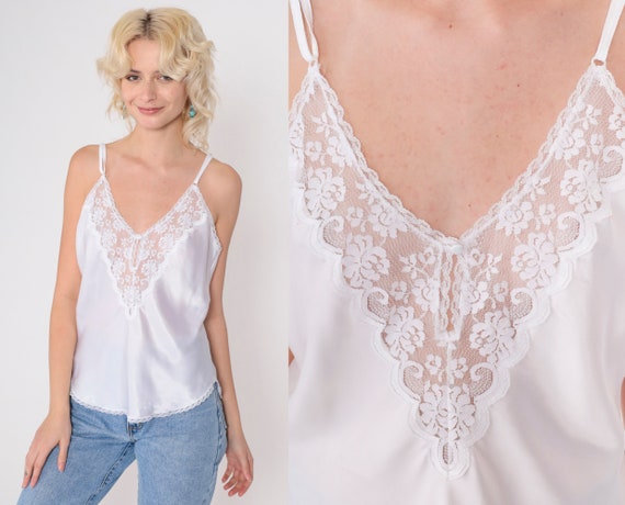 Lace Trim Camisole 80s White Cami Deep V Neck Lingerie Tank