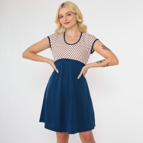 70s Babydoll Dress Mod Striped Dress Cap Sleeve Mini Dress Empire Waist Keyhole Back Scoop Neck Navy Blue White Vintage Small 4