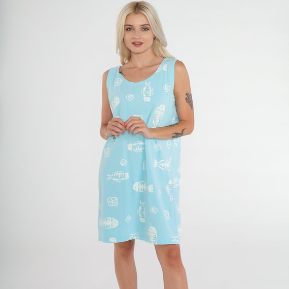 Fish Print Dress 90s Sundress Aqua Blue Beach Dress Tropical Petroglyph Print Mini Sun Dress Shift Sleeveless Bright Vintage 1990s Small S