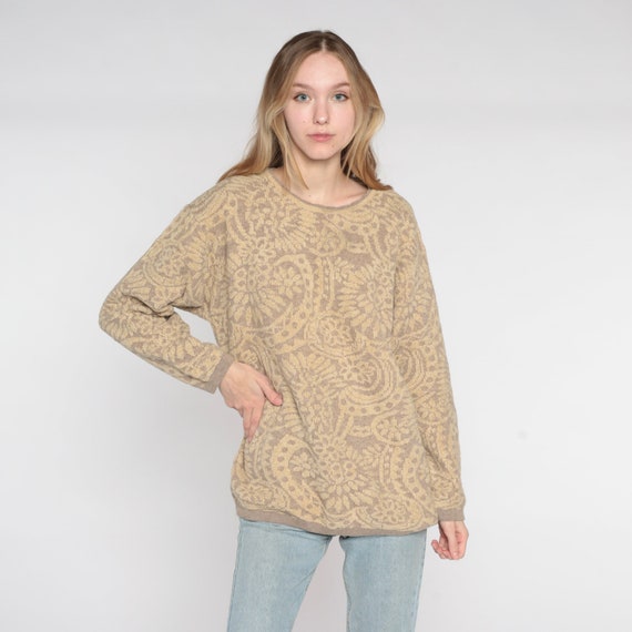 Vintage Tan Floral Sweater 90s Boho Grunge Flower Print Sweater Italian Wool Blend Neutral Pullover Hippie Bohemian Jumper 1990s Mens Medium