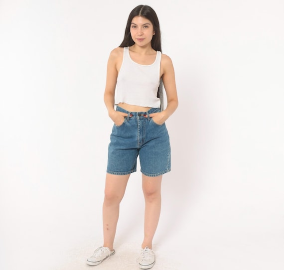 90s Stone Washed Denim Shorts High Waisted Jean Bermuda Relaxed Fit Blue Medium Wash Mom Casual Summer Preppy Collegiate Vintage Small S