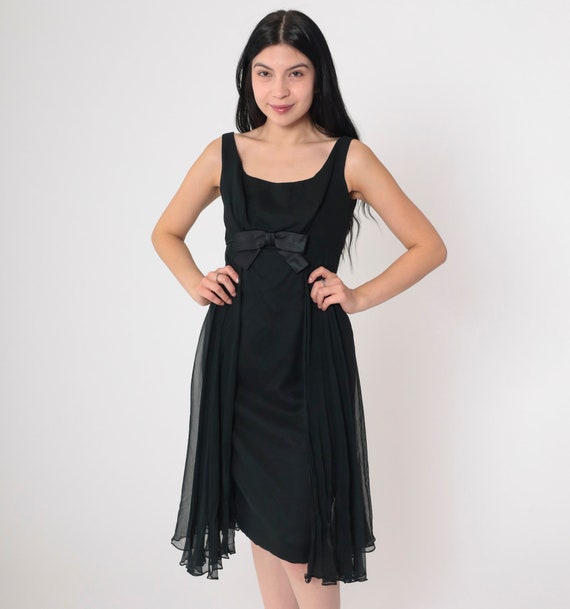 Black Chiffon Dress 60s Party Dress Flowy Layered Mini Dress Bow Sleeveless LBD Cocktail Evening Formal Sixties Retro Vintage 1960s Small S