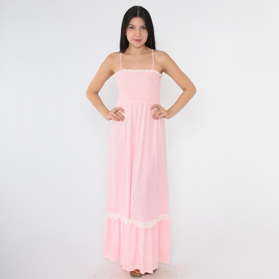 Vintage Baby Pink Maxi Dress 70s Smocked Sun Dress Bohemian Pastel Tiered High Waist Sundress 1970s Boho Summer Spaghetti Strap Small xs