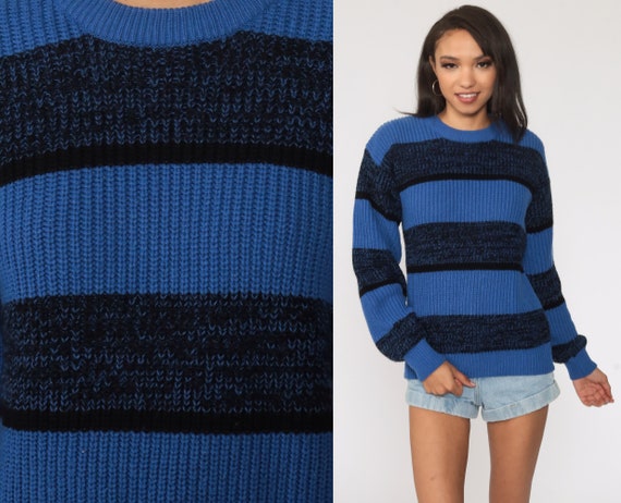 Blue Striped Sweater 80s Sweater Space Dye Acrylic Knit Grunge Slouchy Pullover Jumper 1980s Vintage Retro Small