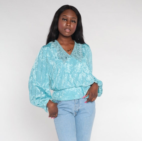 Silky Blue Blouse 80s Embossed Print Blouson Top Crochet Collar V Neck Pleated Long Sleeve Secretary Shirt Vintage 1980s Medium M