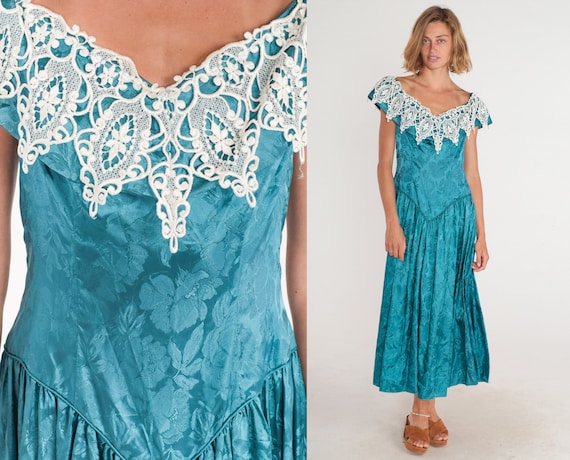 Floral Embossed Dress 80s Party Dress Teal Blue W… - image 1