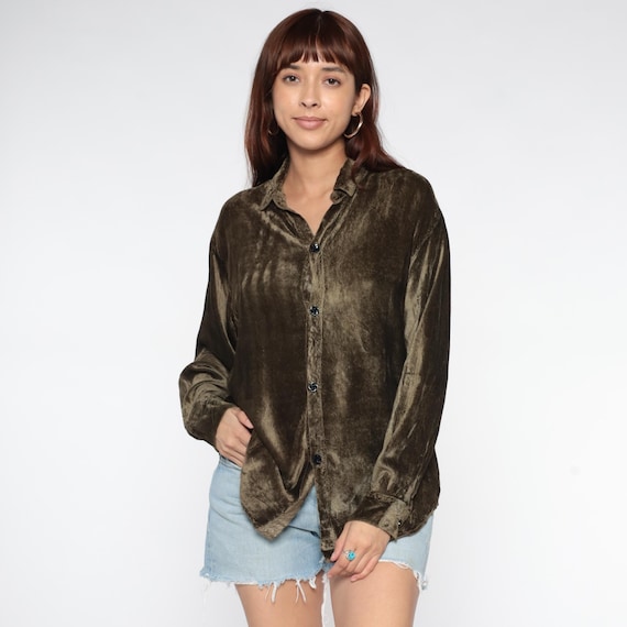 Olive Green Velvet Button Up Shirt 90s Long Sleeve Collared Chest Pocket Earth Tone Witchy Fall Dark 1990s Whimsigoth Soft Grunge Medium M