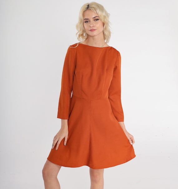 70s Mini Dress Burnt Orange Dress Fit and Flare High Waisted Boho Plain Boatneck Retro Vintage Long Sleeve 1970s Minidress Bohemian Small