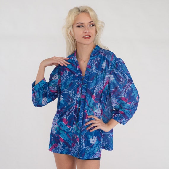 70s Blouse Blue Abstract Print Top Purple Pink Floral Leaf Print Retro 3/4 Sleeve Bohemian Ruffle Shirt Vintage 1970s Extra Large xl