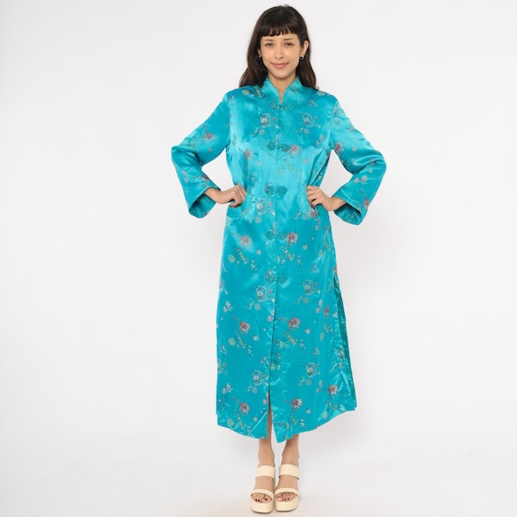 80s Turquoise Satin Robe Peony Brand Floral Brocade Mandarin Collar Frog Closure Housecoat Aqua Teal Chinese Duster Coat Loungewear Medium M