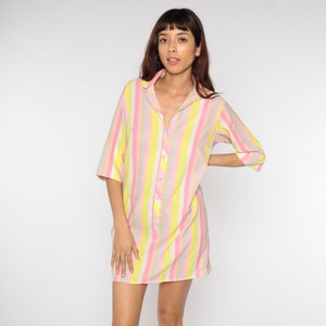 60s Shirt Dress Striped Day Dress Pink Shift Mini Dress Button Up Pastel Yellow Vintage Short Sleeve Shirtdress Button Up 1960s Medium image 2