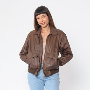 Brown Leather Pilot Jacket 90s Bomber Jacket Flight Biker Moto Coat Motorcycle Jacket Cargo Pocket Retro Zip Snap Up Vintage 1990s Small S image 4