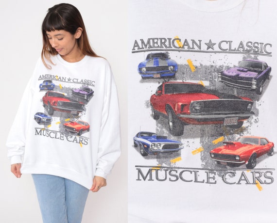 Muscle Car Sweatshirt 90s American Classic Cars Crewneck Pullover Racing Graphic Sweatshirt White Vintage 1990s Jerzees Large