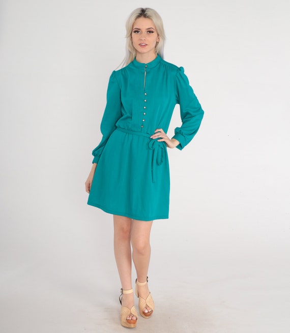 Teal Green Dress 80s Mini Dress Pleated Button Up… - image 2