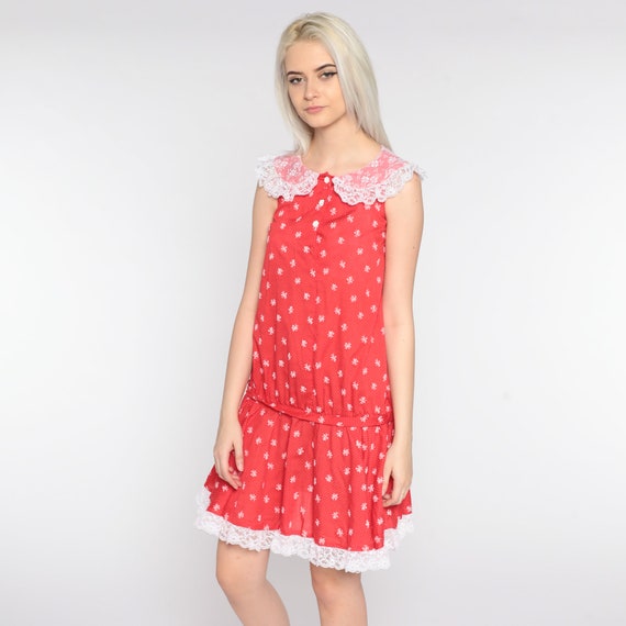 70s Mod Mini Dress Red Floral White Lace Collar Dress 1970s Bohemian Shift Vintage Sleeveless Drop Waist Scooter Extra Small xs