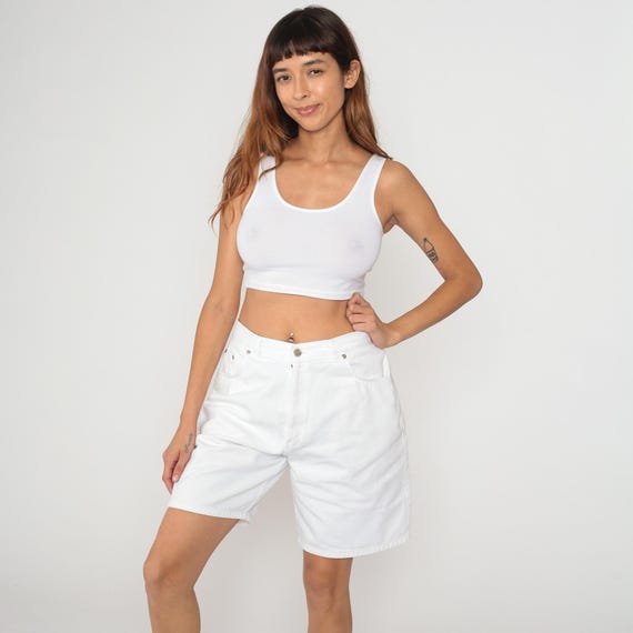 White Cotton Shorts 90s High Waisted Bermuda Knee Length Zip Fly Casual Summer Preppy Classic Vintage Tennis Golf Summer Minimalist Large L