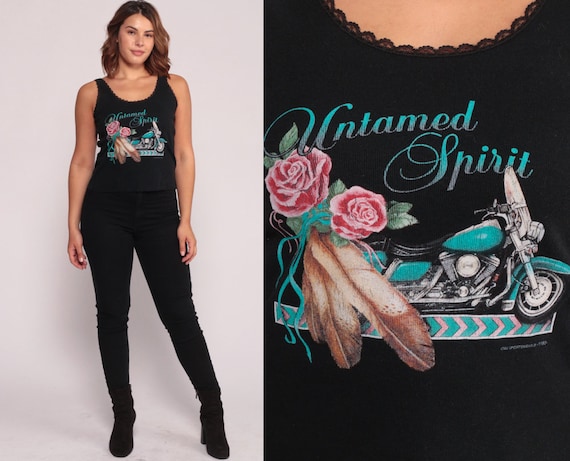 Biker Tank Top UNTAMED SPIRIT Motorcycle Shirt 90s Vintage Shirt Retro Shirt Graphic Tee 80s Retro Black Large