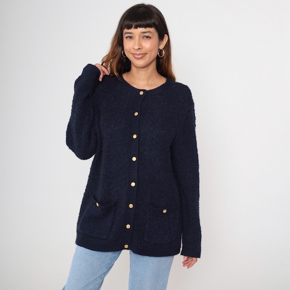 Cozy Navy Cardigan Vintage 80s Grandpacore Chunky Knit Oversized Comfort Gold Buttons Boucle Knit Grandma Style Homey Vintage Large L