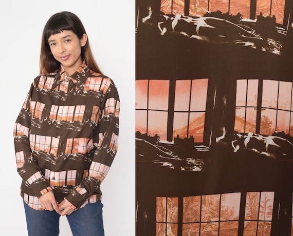 70s Disco Shirt Sultry Woman Art Print Button Up Brown Bikini Babe Dagger Collar Long Sleeve Sailboat Hippie Vintage 1970s Men's Medium