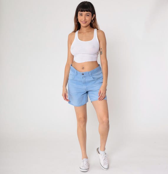 LL Bean 80s Shorts Light Blue High Waisted Cotton Five Pocket Preppy Casual Jean Vintage Summer Spring Beach Periwinkle Button Fly Large L