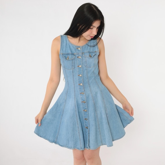 Vintage Denim Mini Dress 90s Fit and Flare Jean Button Up Skater Grunge 1990s Normcore Blue Rink Minidress Sleeveless Utility Pocket Small S