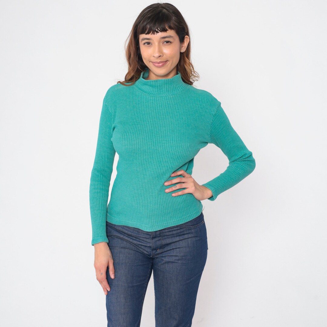 XS 1960s Green Deadstock Ribbed Long Sleeve Lightweight Knit Mock Turtleneck Shirt