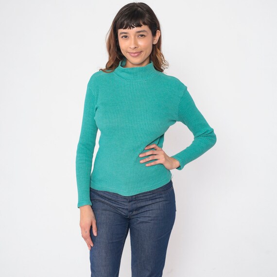 Turquoise Green Turtleneck Shirt 90s Ribbed Top Retro Pullover Turtle Neck Shirt Long Sleeve Plain Solid Basic Vintage 1990s Medium