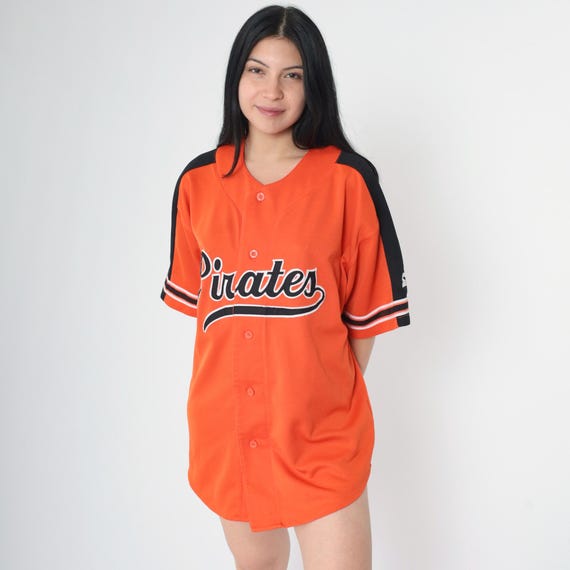 Vintage 90s Pittsburgh Pirates Jersey Orange Starter Button Up Shirt MLB Baseball Short Sleeve 1990s Streetwear Large L