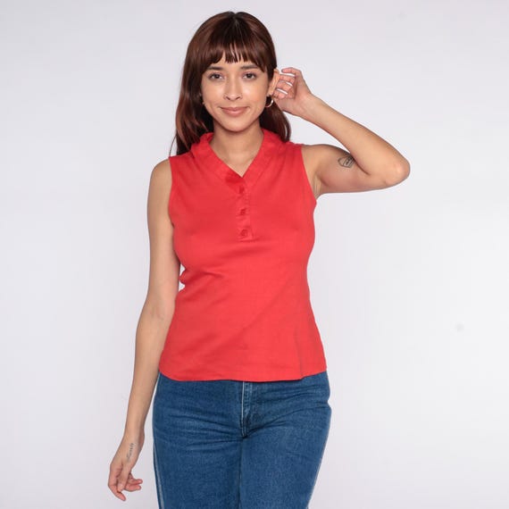 70s Red Tank Top Polo Sleeveless Collared V Neck Button Front Fitted Vintage Athletic Summer Shirt Preppy Tennis Golf Bright Small S